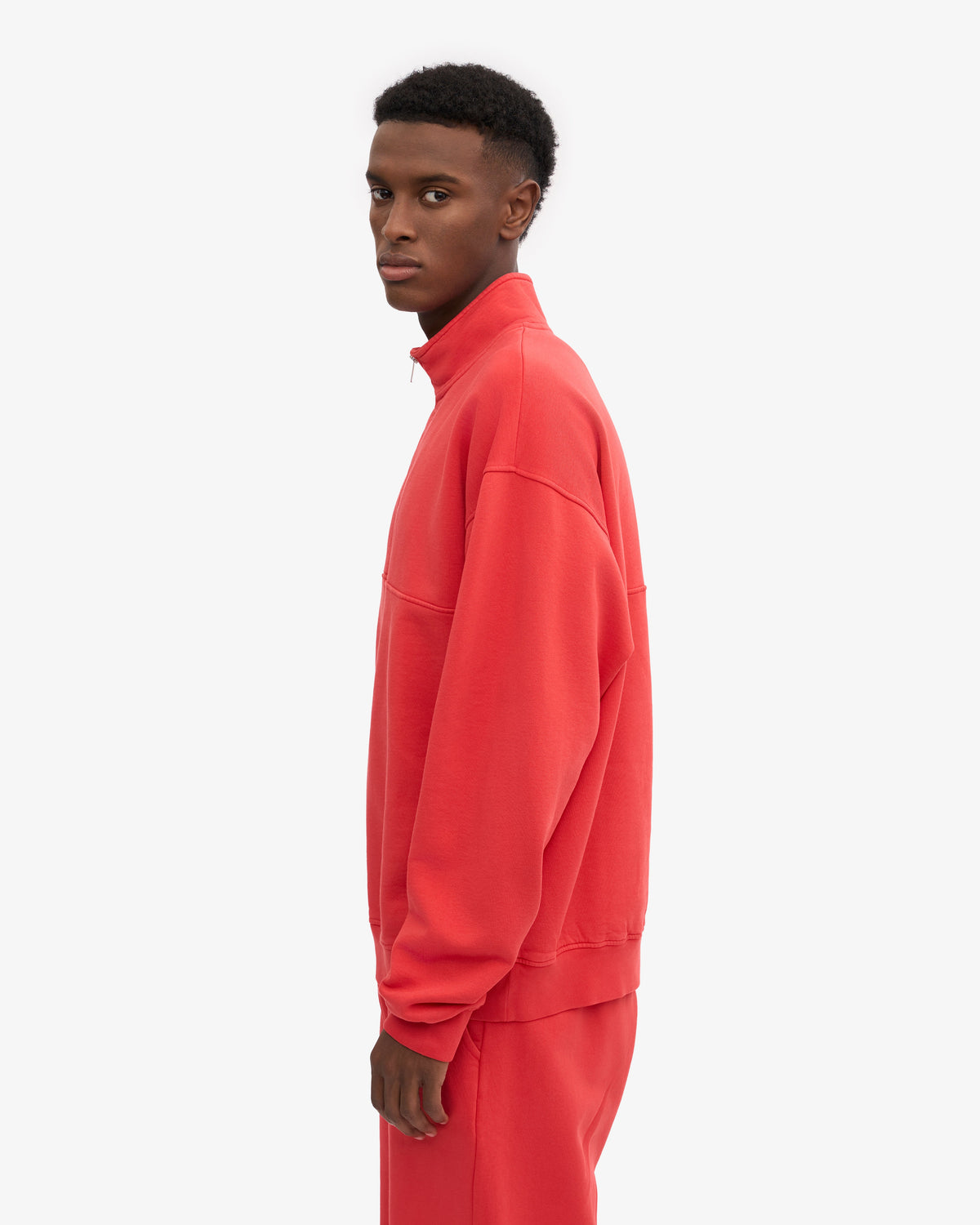Men's Oversized Organic Cotton Quarter Zip Jumper in Red Tangerine – view 3