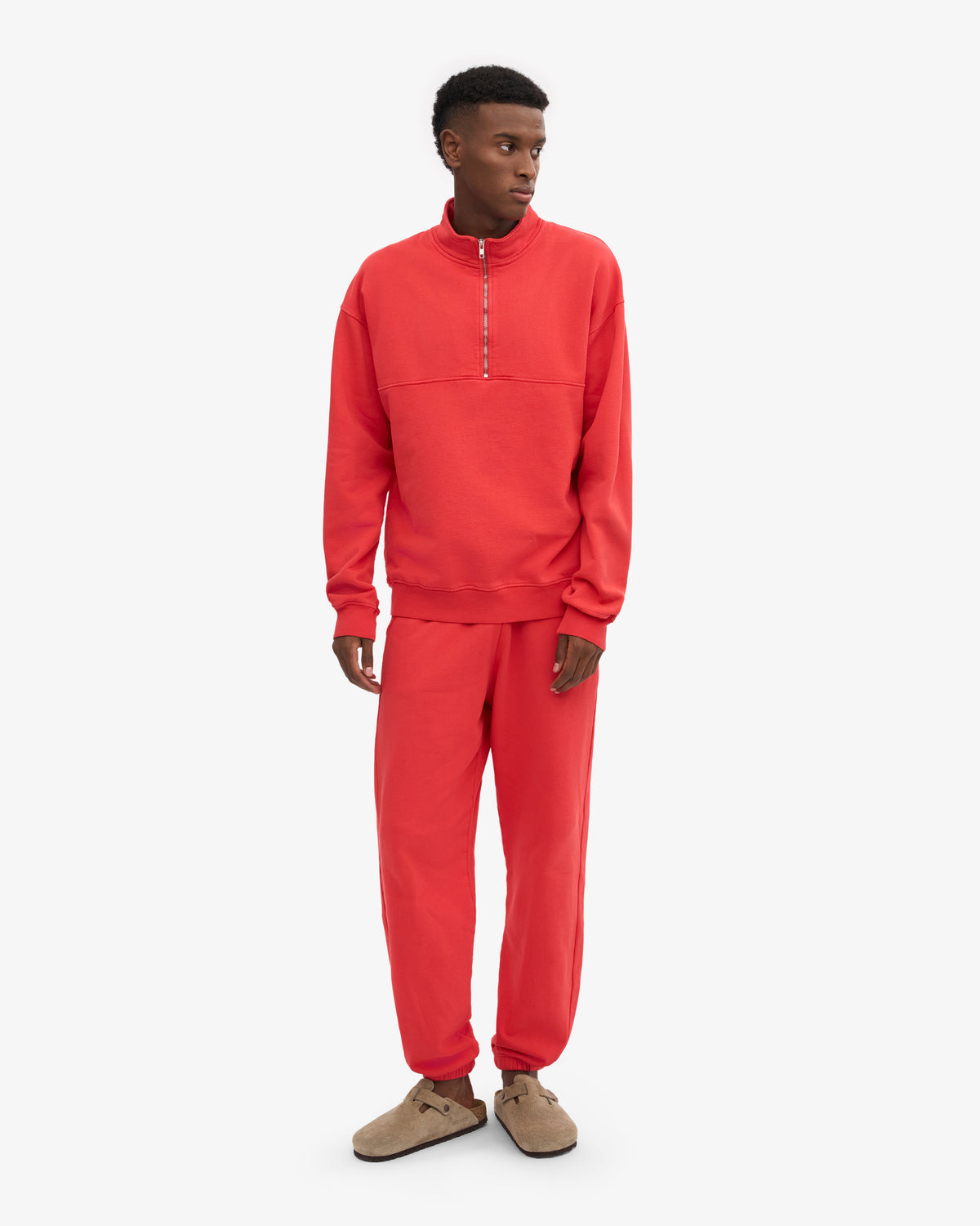 Men's Oversized Organic Cotton Quarter Zip Jumper in Red Tangerine – view 5