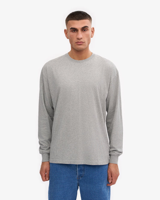 Men's Organic Cotton Oversized Long Sleeve T-Shirt – Garment Dyed, Dropped Shoulders, Boxy Cut | Heather Grey