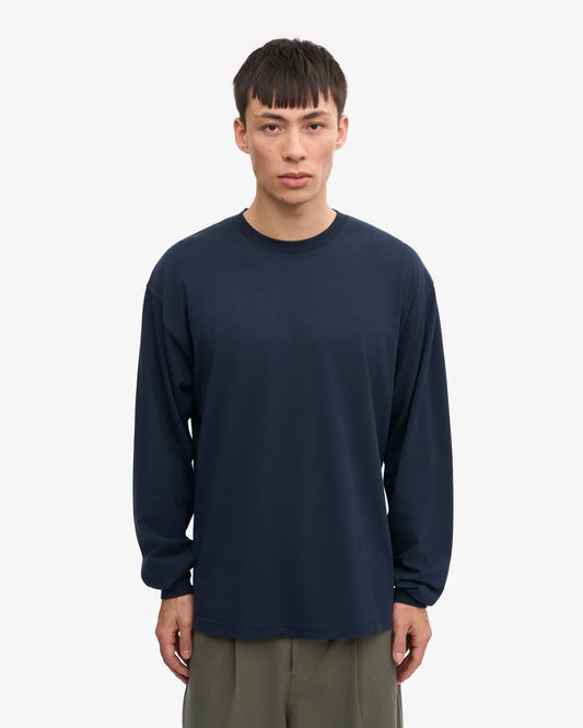 Men's Organic Cotton Oversized Long Sleeve T-Shirt – Garment Dyed, Dropped Shoulders, Boxy Cut | Navy Blue