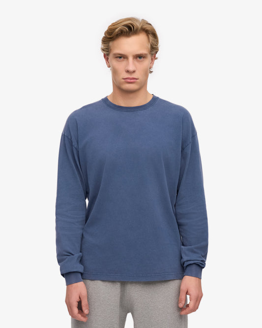Men's Organic Cotton Oversized Long Sleeve T-Shirt – Garment Dyed, Dropped Shoulders, Boxy Cut | Neptune Blue