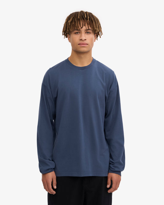 Men's Organic Cotton Oversized Long Sleeve T-Shirt – Garment Dyed, Dropped Shoulders, Boxy Cut | Petrol Blue