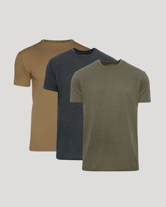Men's Classic Crew Neck T-Shirt 3-Pack – Short Sleeve, Athletic Cut, Tagless | Charcoal, Military Green & Tan