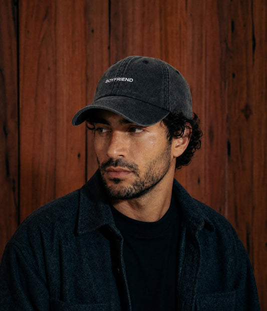 Boyfriend Men's Embroidered Washed Cotton Baseball Cap – Unstructured Low Profile, Adjustable Strap | Black