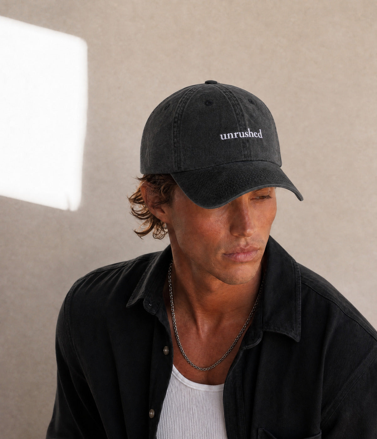 Unrushed Men's Embroidered Washed Cotton Baseball Cap in Black – view 2